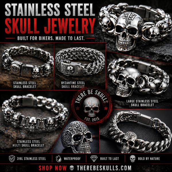 Stainless steel skull bracelet with gothic biker style Therebeskulls.com