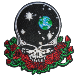 Embroidered Space Your Face Patch with cosmic skull, Earth, stars, and red roses