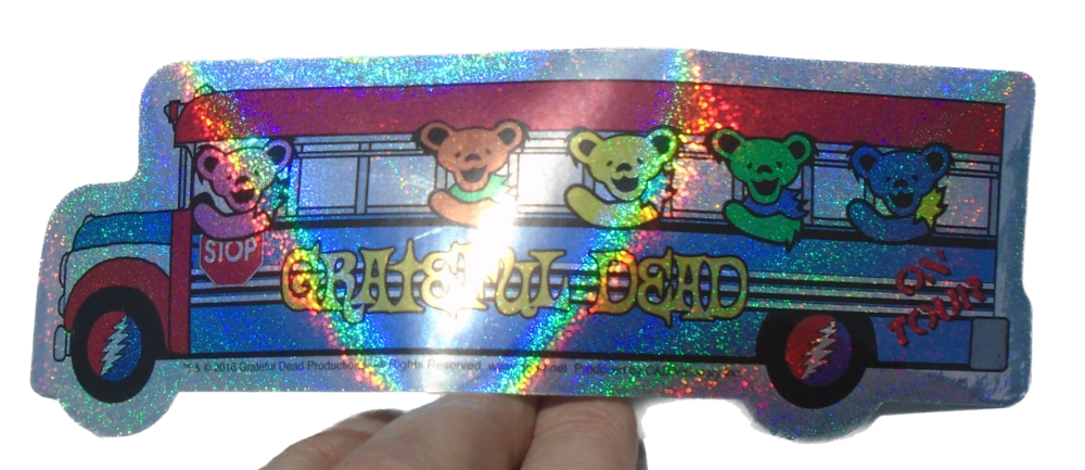 Licensed Grateful Dead glitter tour bus sticker with dancing bears Grateful Dead Productions tour bus sticker with glitter finish Colorful Grateful Dead bus sticker with dancing bears and stealie wheels