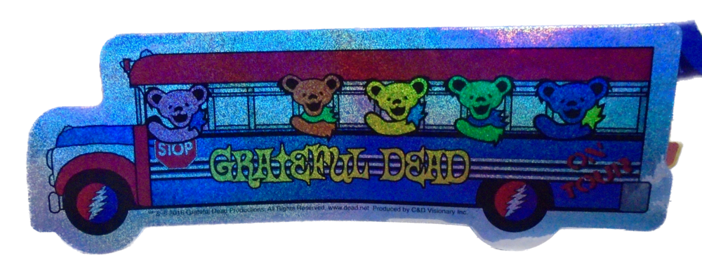 Colorful Grateful Dead bus sticker with dancing bears and stealie wheels