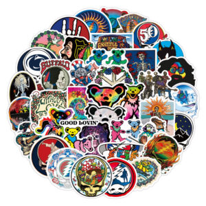 50 count Deadhead inspired sticker pack with Steal Your Face Dancing Bears and skull designs