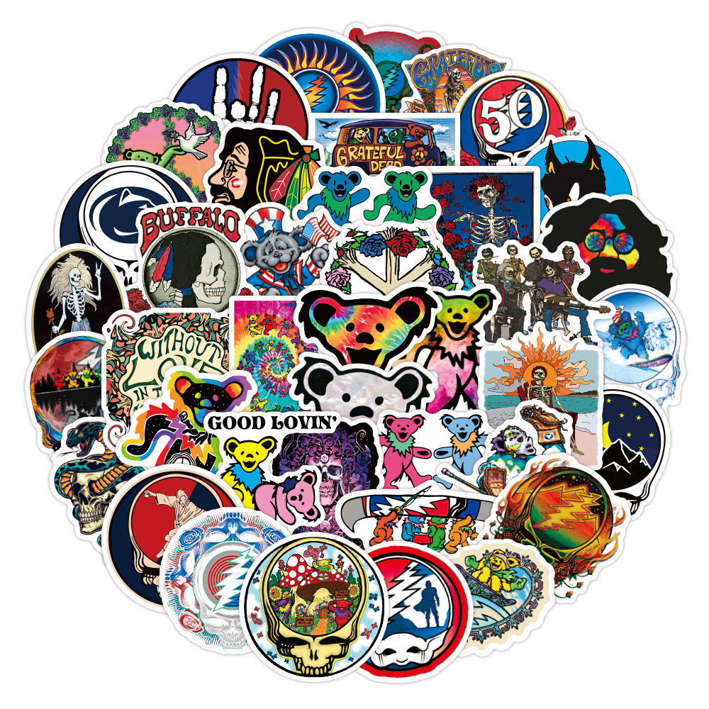 50 Ct Deadhead-Inspired Sticker Pack – Steal Your Face, Dancing Bears & Skull Designs