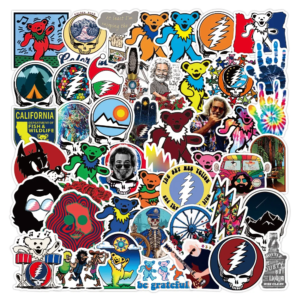 50 pc Grateful Dead inspired Deadhead sticker pack with dancing bears skulls lightning bolts and psychedelic designs