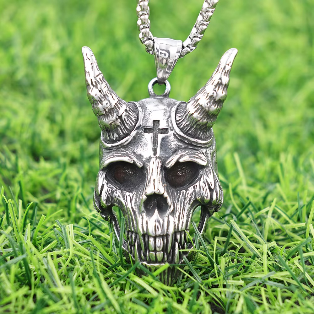 Skull necklace styled with black gothic fashion outfit