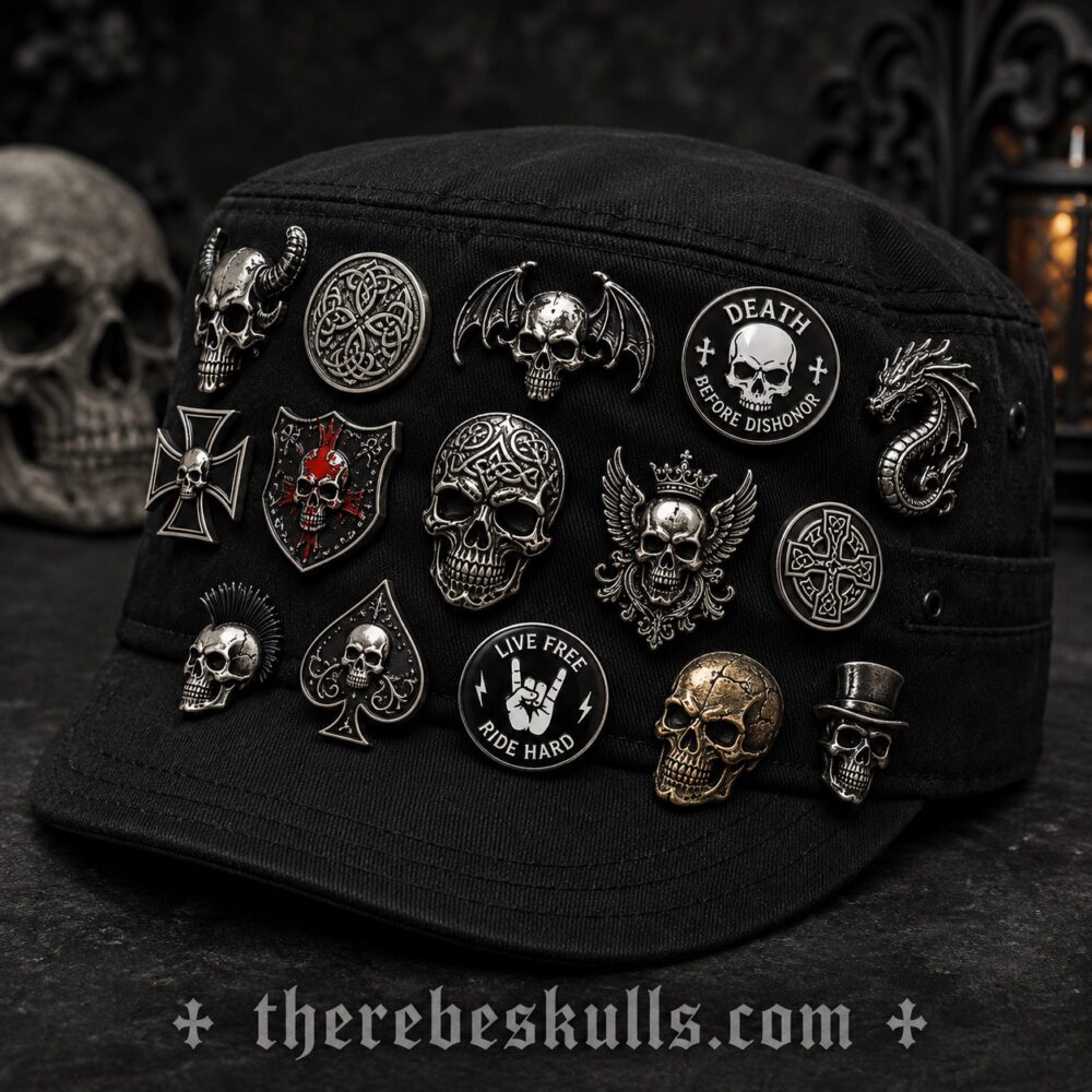 Black hat decorated with gothic skull and Deadhead inspired enamel pins