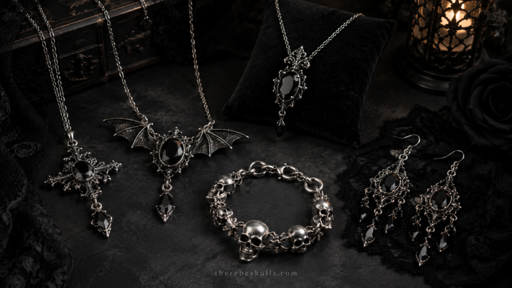 Gothic jewelry collection with skull necklaces bracelets and earrings