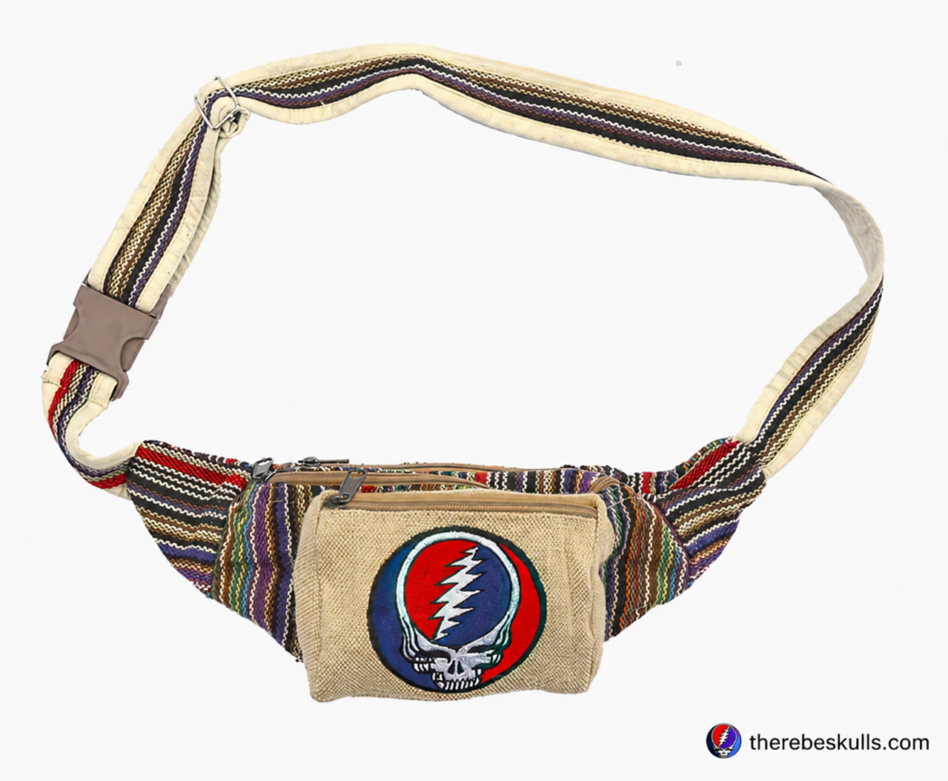 Official Grateful Dead Steal Your Face hand embroidered hip bag with adjustable strap and zippered compartments