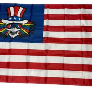 Deadhead inspired Uncle Sam skull American flag 3x5 ft with red white blue stripes rainbow hair and lightning bolt sunglasses