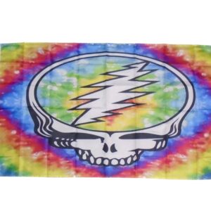 Tie-dye Steal Your Face skull flag with lightning bolt design, 3x5 rainbow Deadhead inspired wall flag