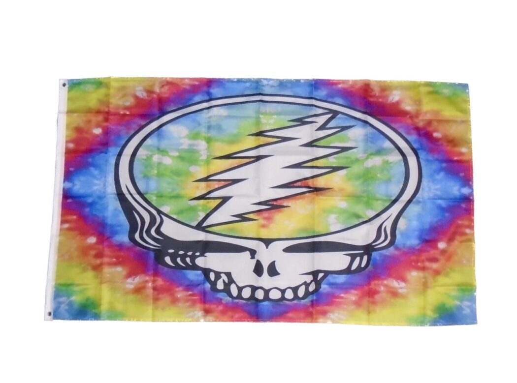Tie-dye Steal Your Face skull flag with lightning bolt design, 3x5 rainbow Deadhead inspired wall flag