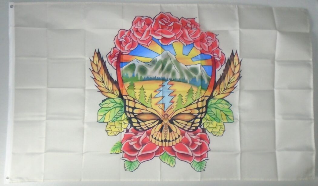 Grateful Dead inspired 3x5 flag with butterfly skull, roses, mountains and lightning bolt