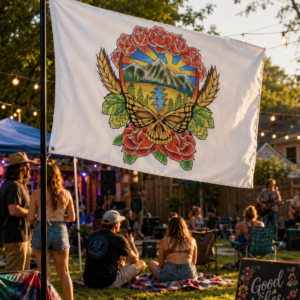 Grateful Dead Inspired Butterfly Skull & Roses Flag 3x5
