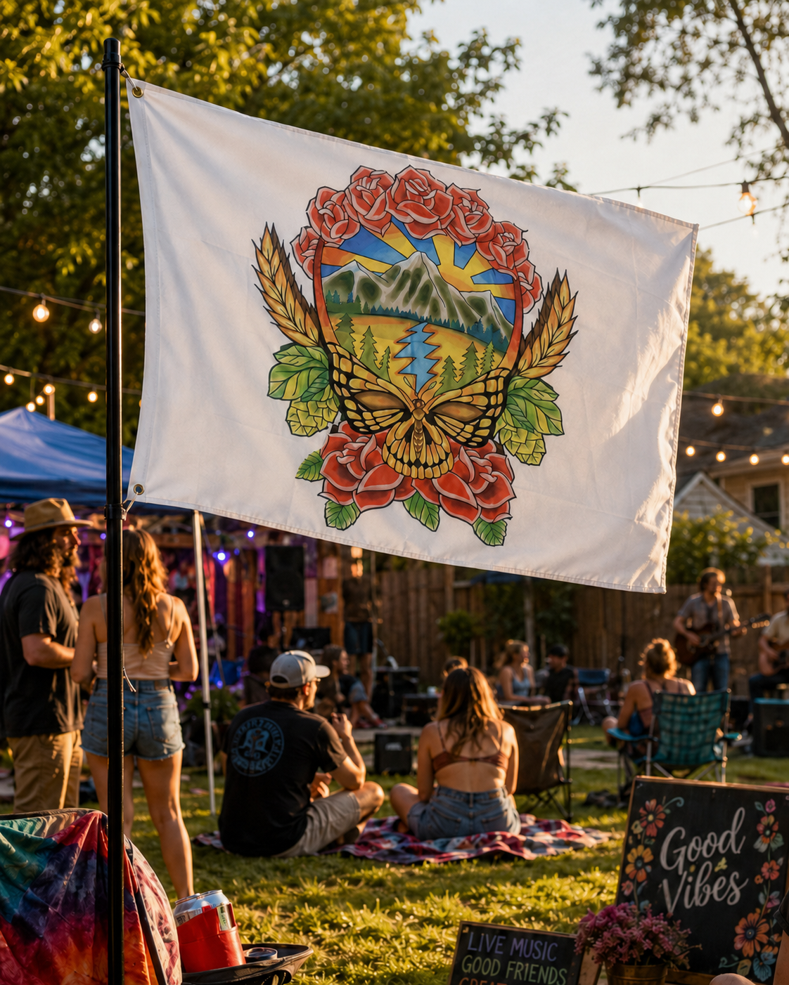 Grateful Dead Inspired Butterfly Skull & Roses Flag 3x5