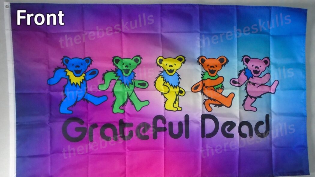 Colorful Grateful Dead-inspired dancing bears flag measuring 3 by 5 feet Large