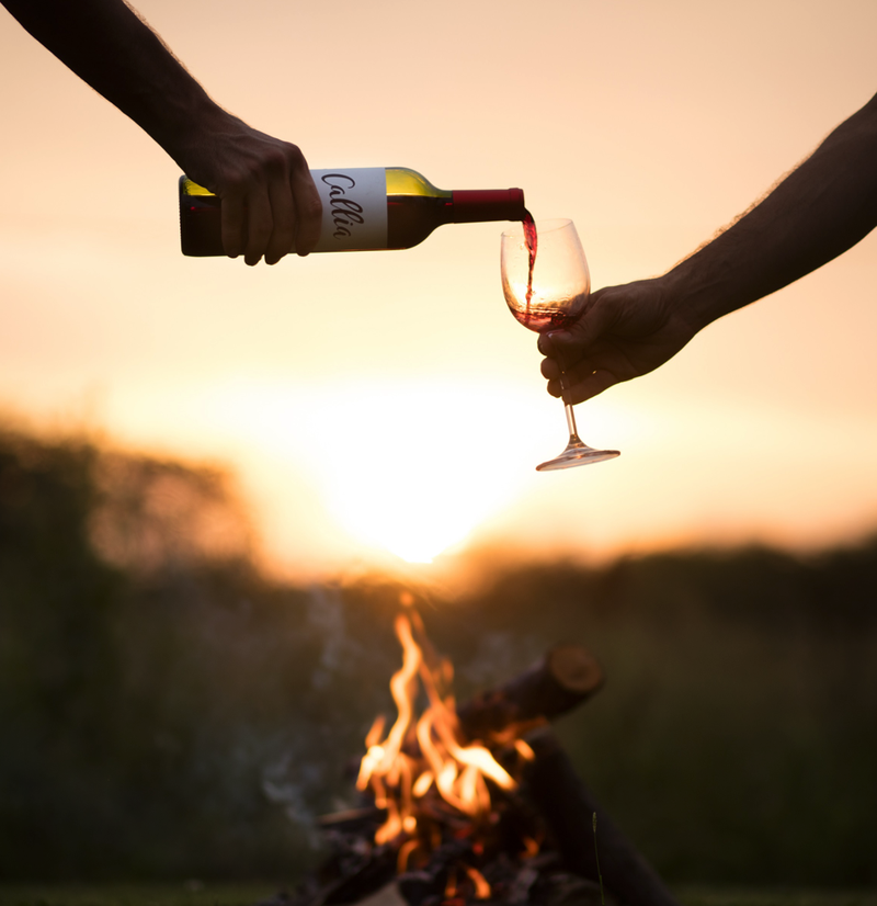 Pouring wine by campfire - Bodegas Callia