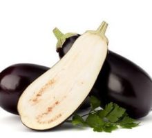 three eggplants, one cut in half