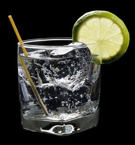 a glass of gin and tonic with ice and a lime slice