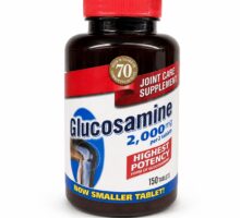 Glucosamine joint supplement bottle with red cap. The label reads 2,000 mg per 2 tablets.