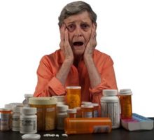 An elderly woman with dementia and a tableful of medications looking overwhelmed and confused