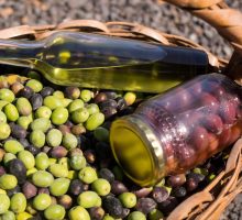 Olive oil bottle and jarred olives in a basket of fresh olives provide the right type of fat