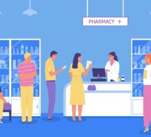 Cartoon of Pharmacy with one pharmacist, many customers in line