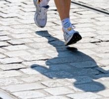 close up of a runner's feet on a jog