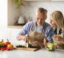 Sexy older couple cooking healthy Mediterranean Diet food.