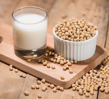 Assorted soy products: soybeans and soy milk