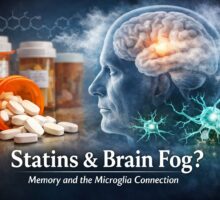 Conceptual image of statins affecting the brain, with fog around the brain and glowing microglia cells.