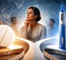 A woman tries to decide between weight-loss pills or injections