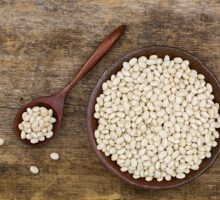 clay bowl and wooden spoon hold uncooked navy beans