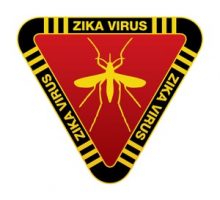 A red yellow and black sign warning against mosquitoes and the Zika Virus