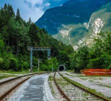 Scenic train tracks in alpine landscape