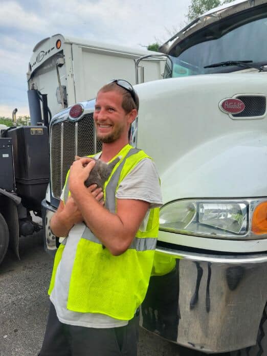 Tiny kitten covered in oil saved from waste compactor by hero employee
