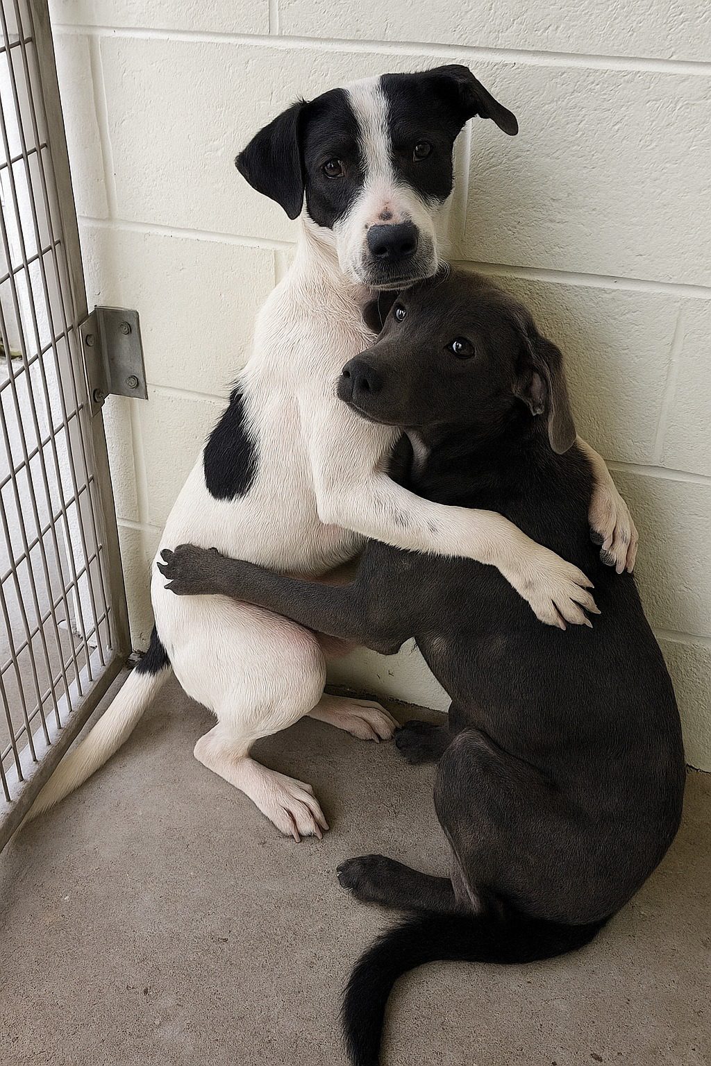 Terrified puppies surrendered to busy shelter cling to each other for emotional support