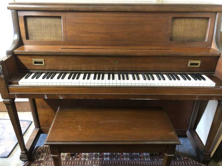 1976 Story & Clark 46 Satin Walnut Console Piano with Bench