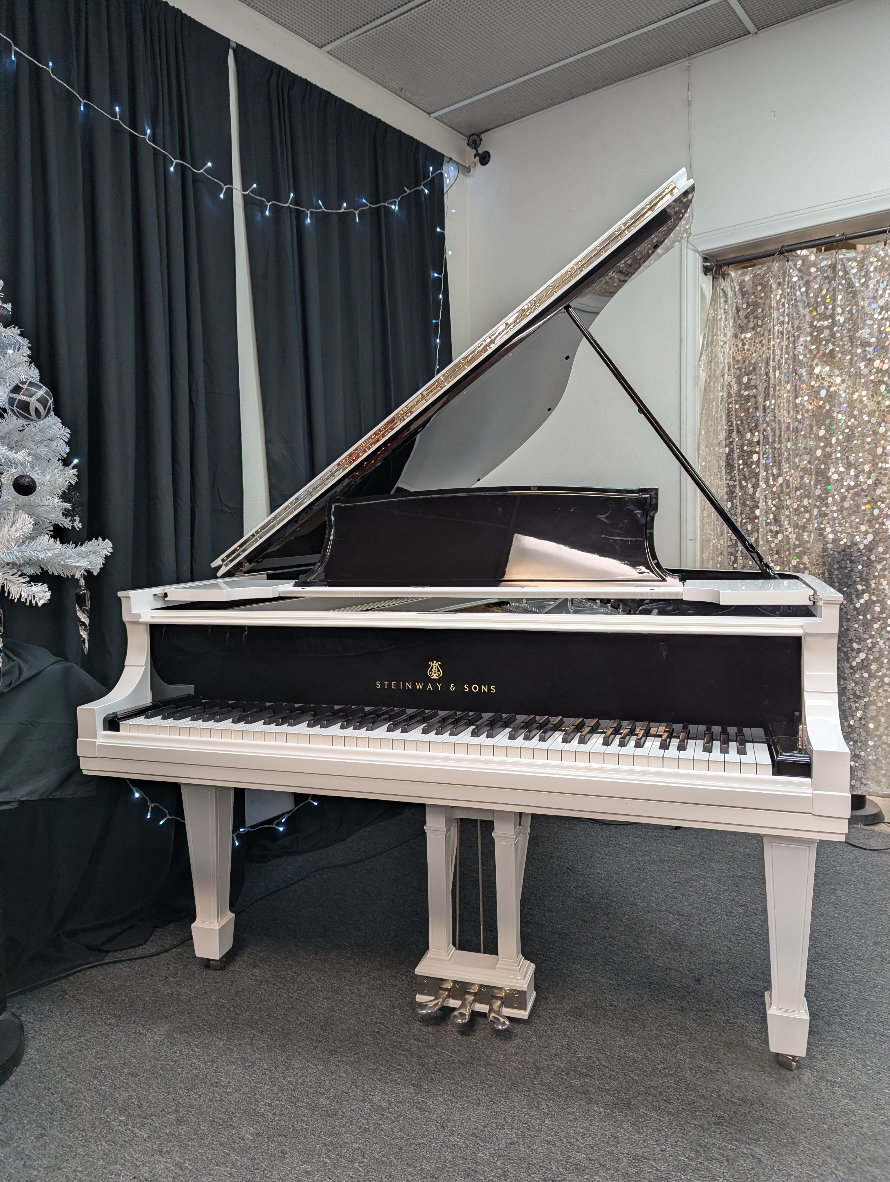 Custom Steinway & Sons Grand Piano White & Black w/ Silver H
