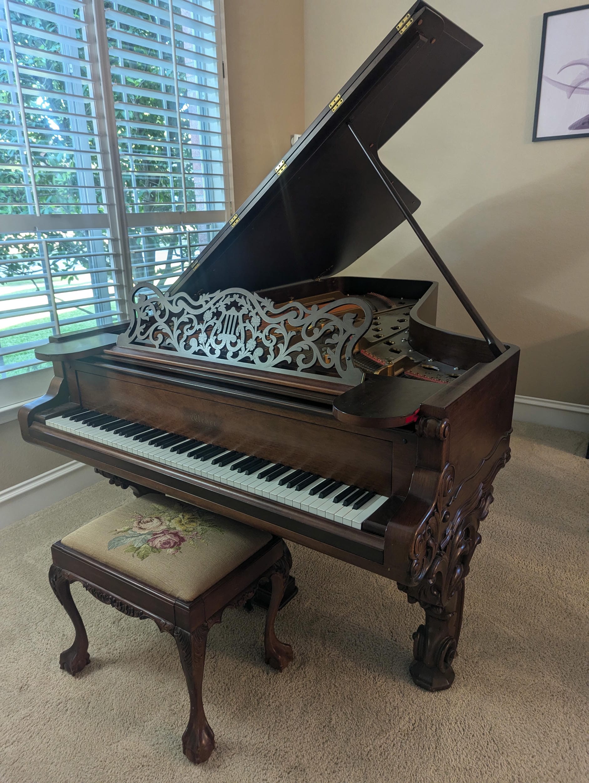 Gorgeous Weber NY 7' Grand Piano, Electric Capable, Carved