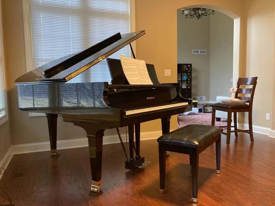 Baldwin Model R Baby Grand with Bench and Red Velvet Cover