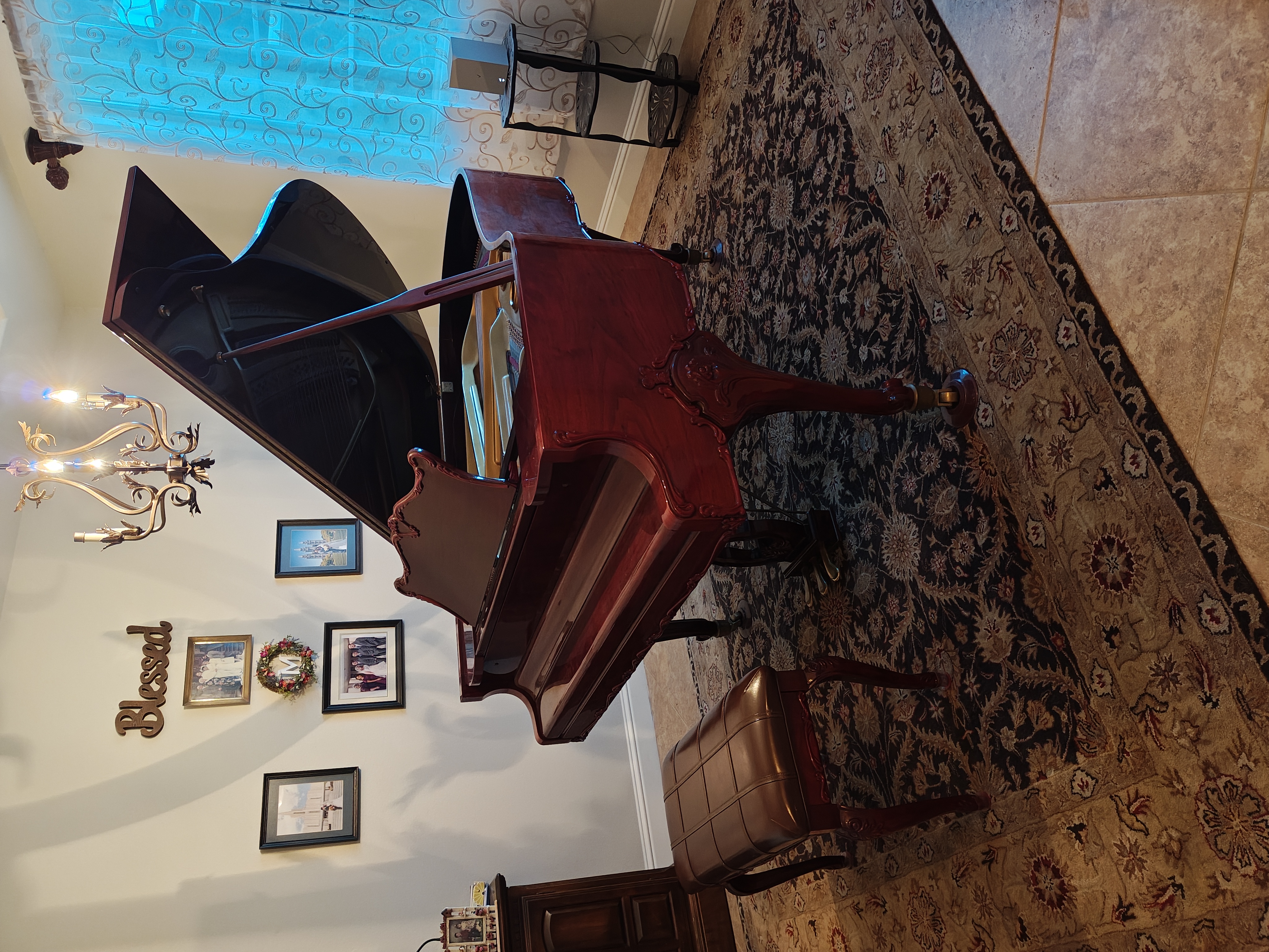 Beautiful Burgundy Well loved Piano and bench
