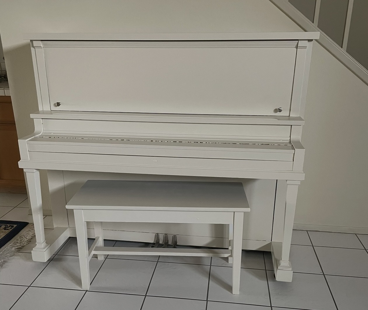 White Upright Piano by Sherman Clay (Aldrich) – Bench & Pian