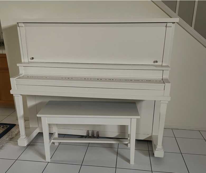 White Upright Piano by Sherman Clay (Aldrich) – Bench & Pian