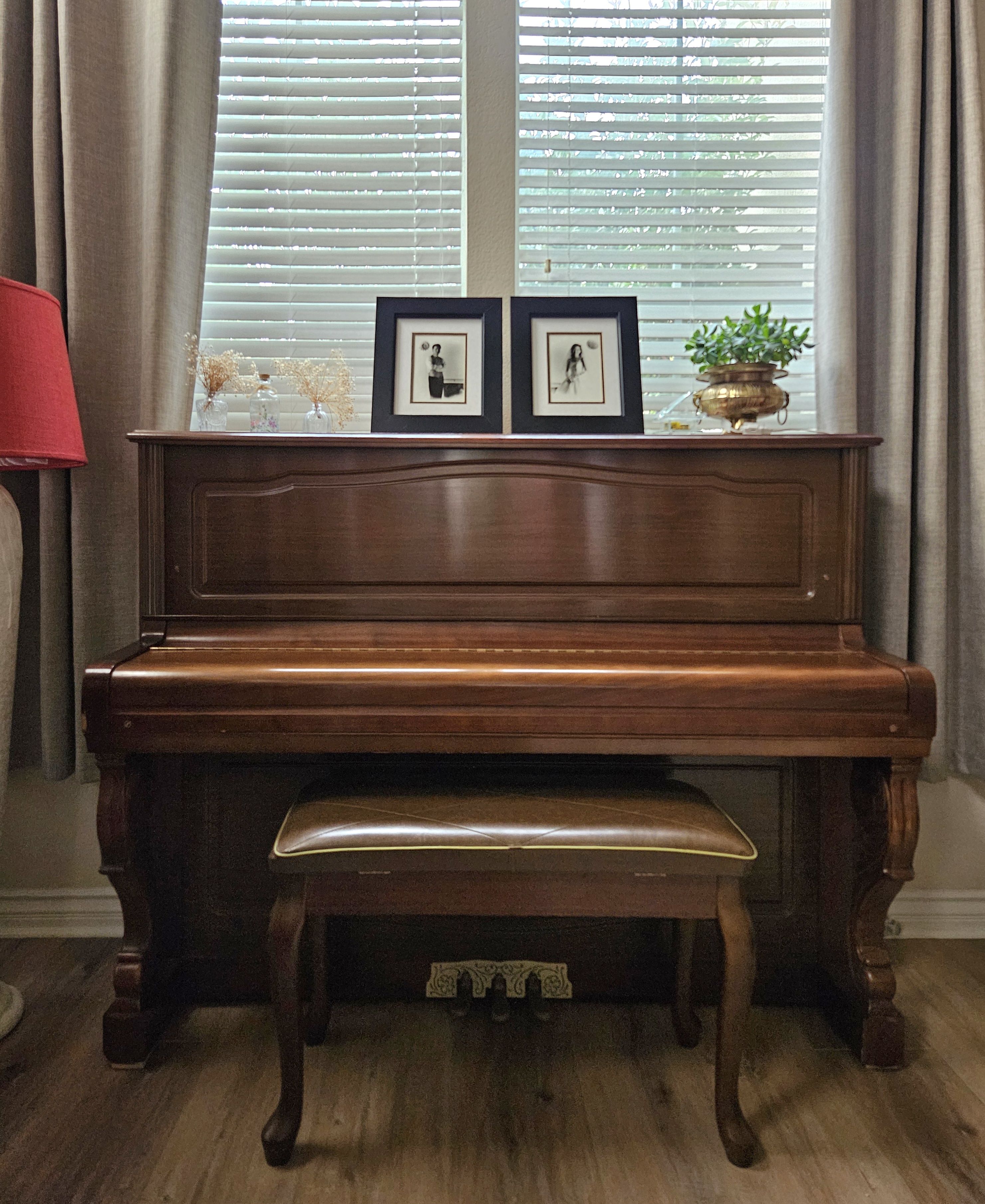 Young Chang Upright Piano-Rich Mahogany, Elegant Carved Legs
