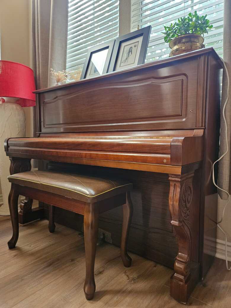 Young Chang Upright Piano-Rich Mahogany, Elegant Carved Legs