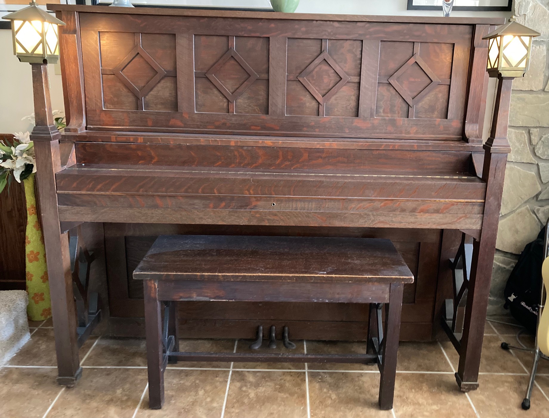 1900 GERHARD HEINTZMAN MISSION OAK PIANO & BENCH & LANTERNS