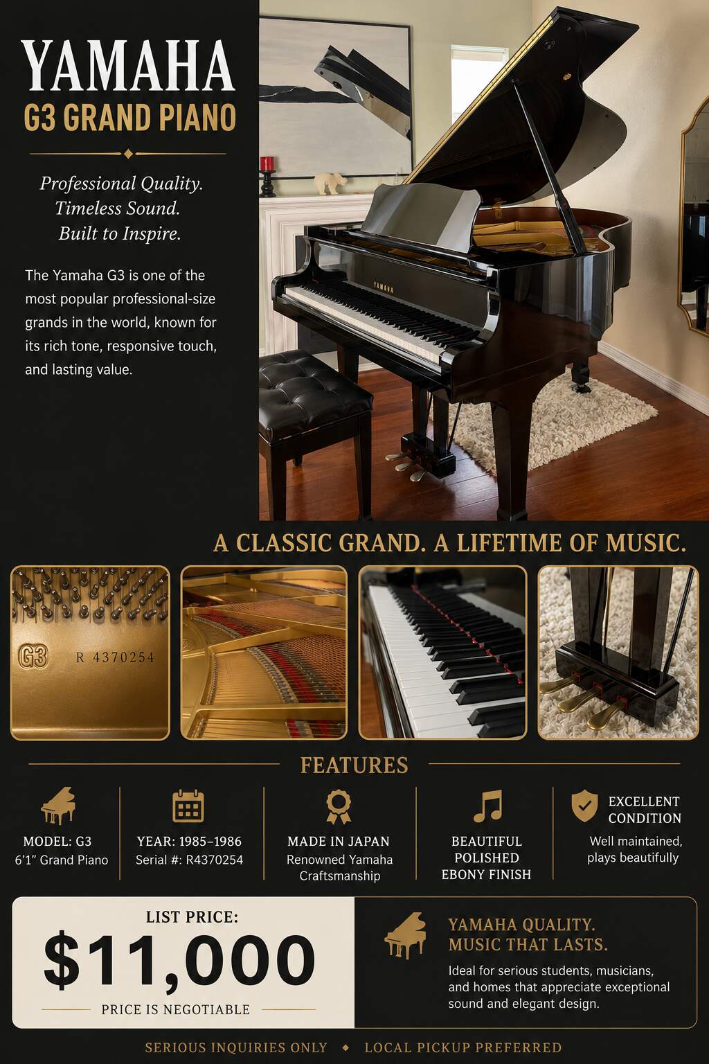 Yamaha G3 6'1" Grand Piano (1985–1986) – Made in Japan – Exc