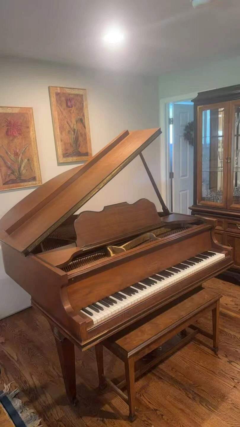 GULBRANSEN BABY GRAND PIANO 1920'S W/CHAIR SHEET MUSIC CABIN