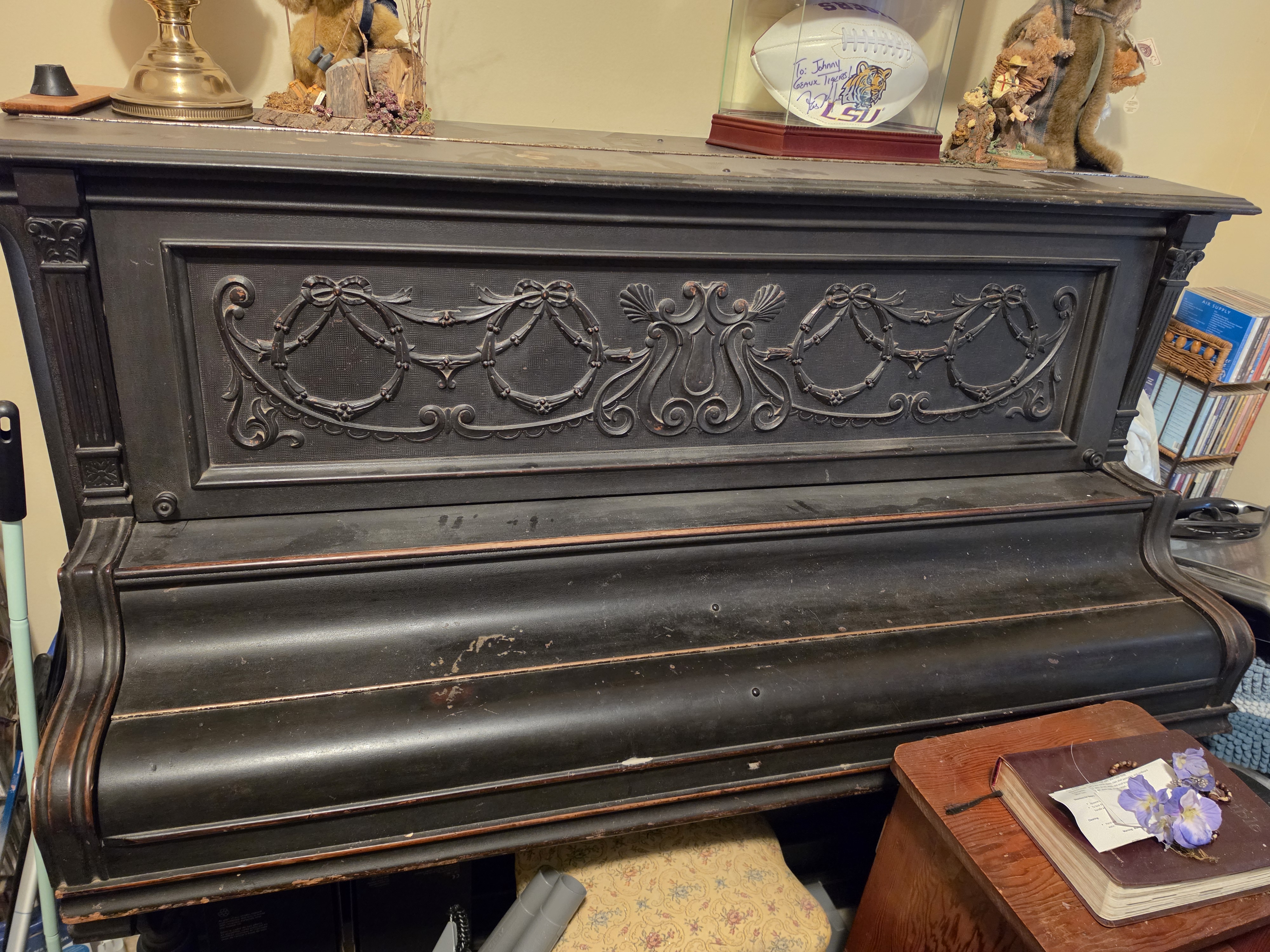 Beautiful 1896 hand carved piano with antique stool