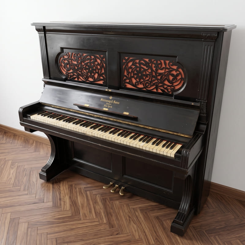 Steinway & Sons 55" Upright Piano with Ornate Carved Cabinet