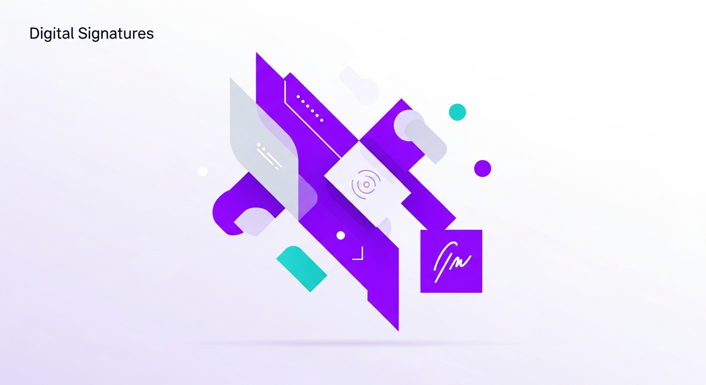  Representação visual de um fluxo de trabalho de assinatura digital, com ícones de segurança, velocidade e integração.